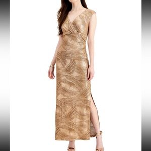 Women’s Formal Dress Size 12 CONNECTED Gold Side Slit Lined Maxi Sheath Gown NEW